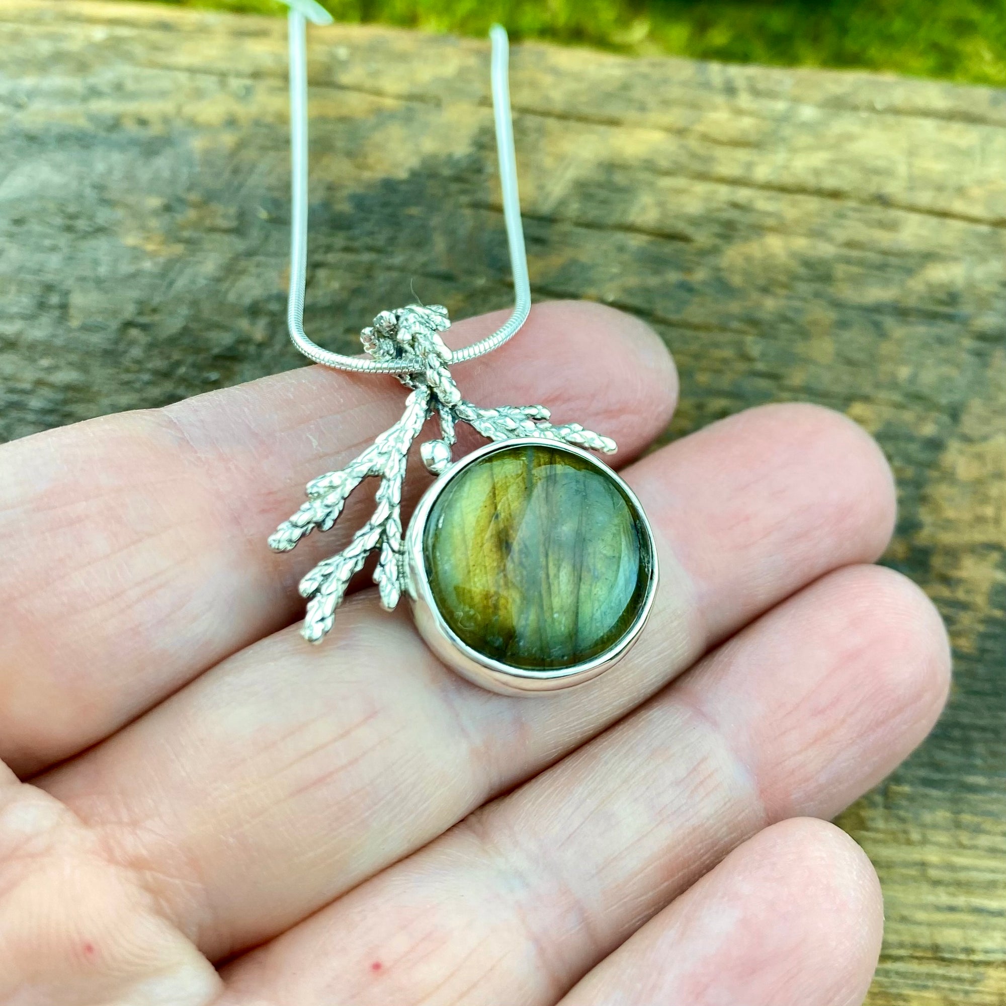 Golden Purple Labradorite cedar pendant