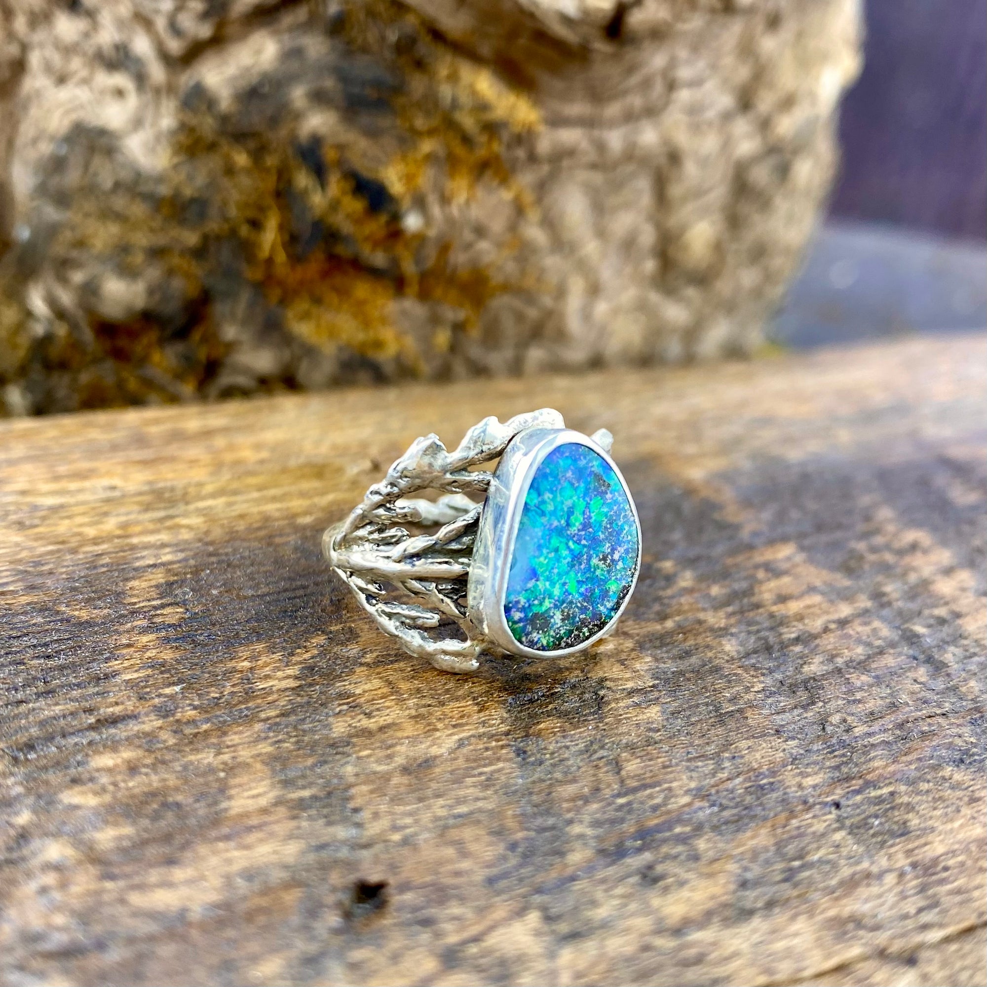 Bright Sparkly blue/green fire Boulder Opal Cedar Ring