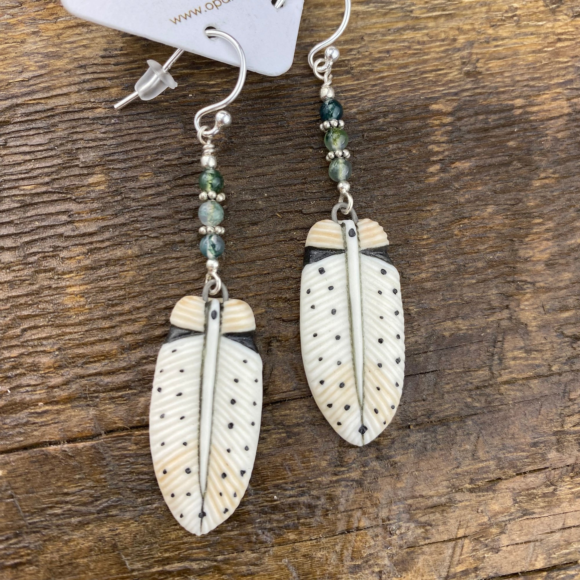 Owl Feather Porcelain and green adventurine earrings