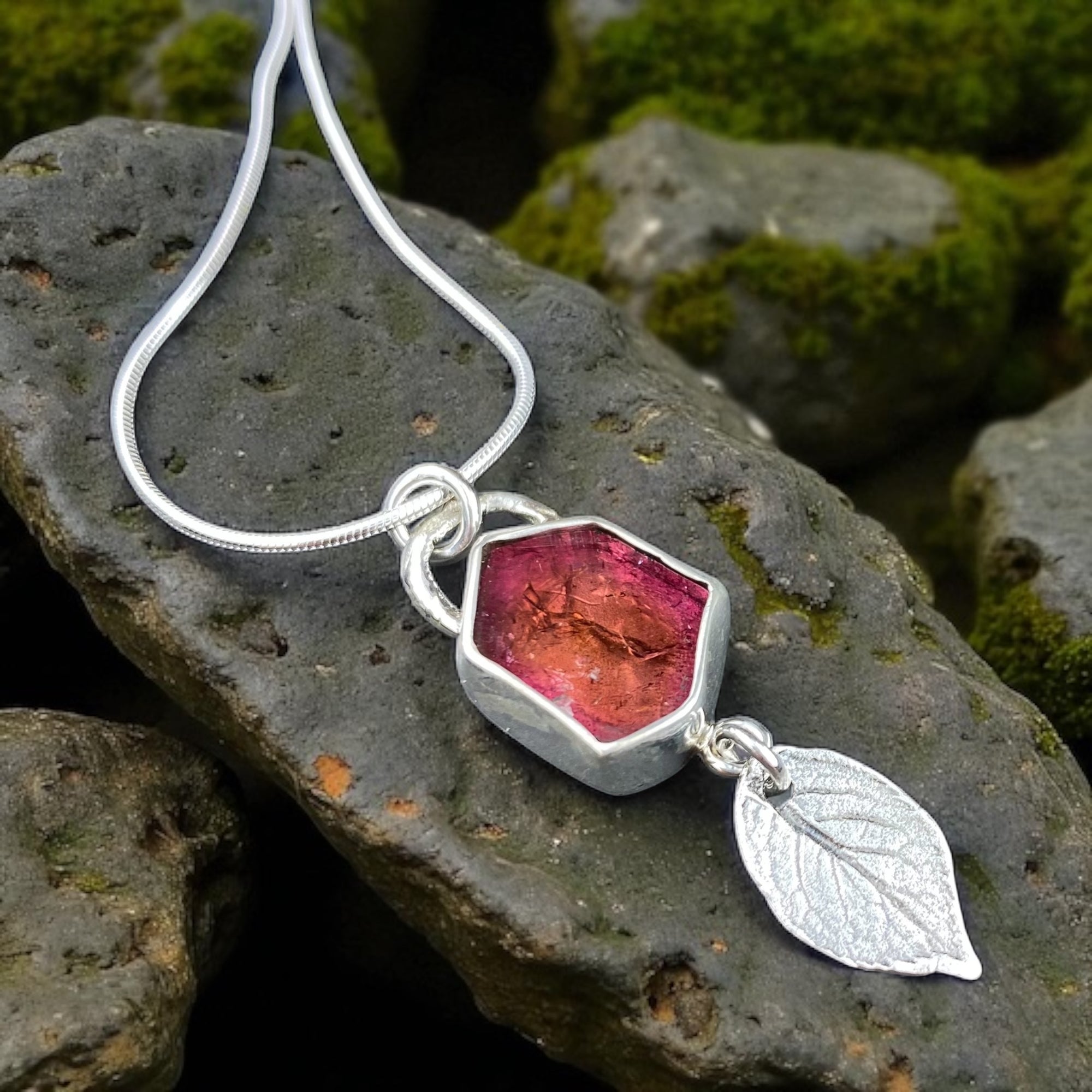 Pink Tourmaline Slice Wild rose pendant