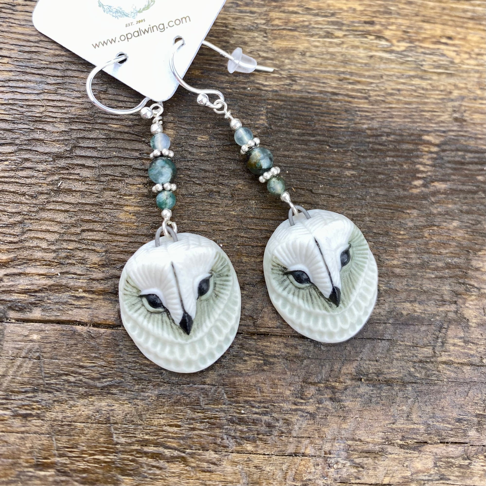 Owl Porcelain earrings with kyanite