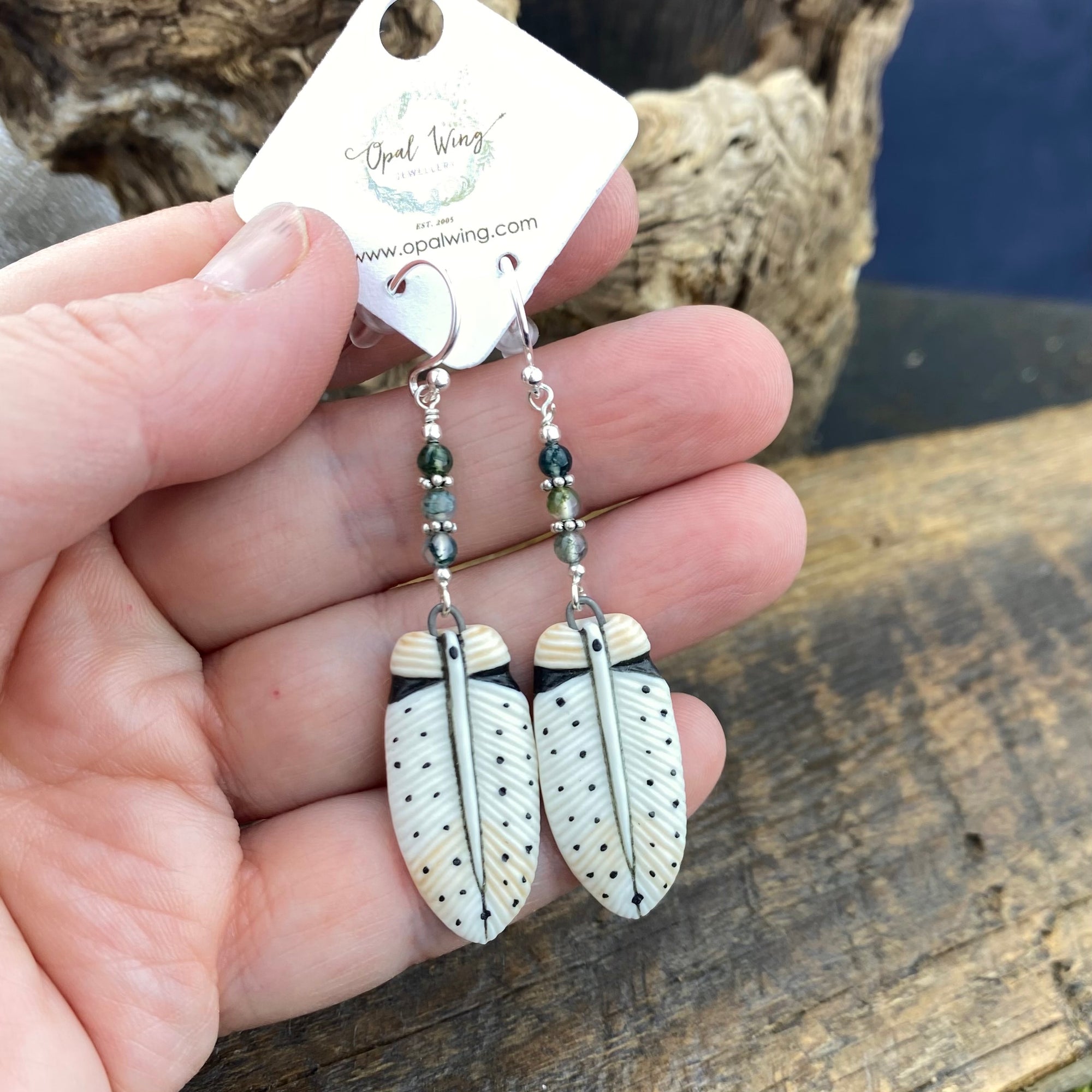 Owl Feather Porcelain and green adventurine earrings