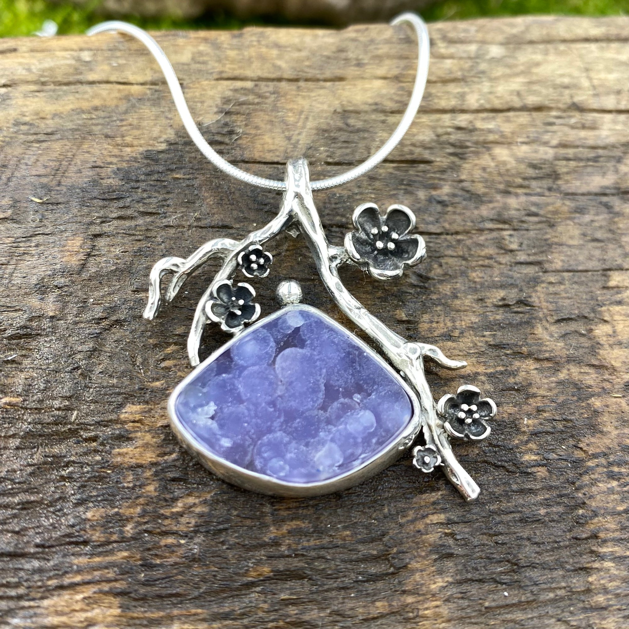 Grape Agate drusy cherry blossom pendant