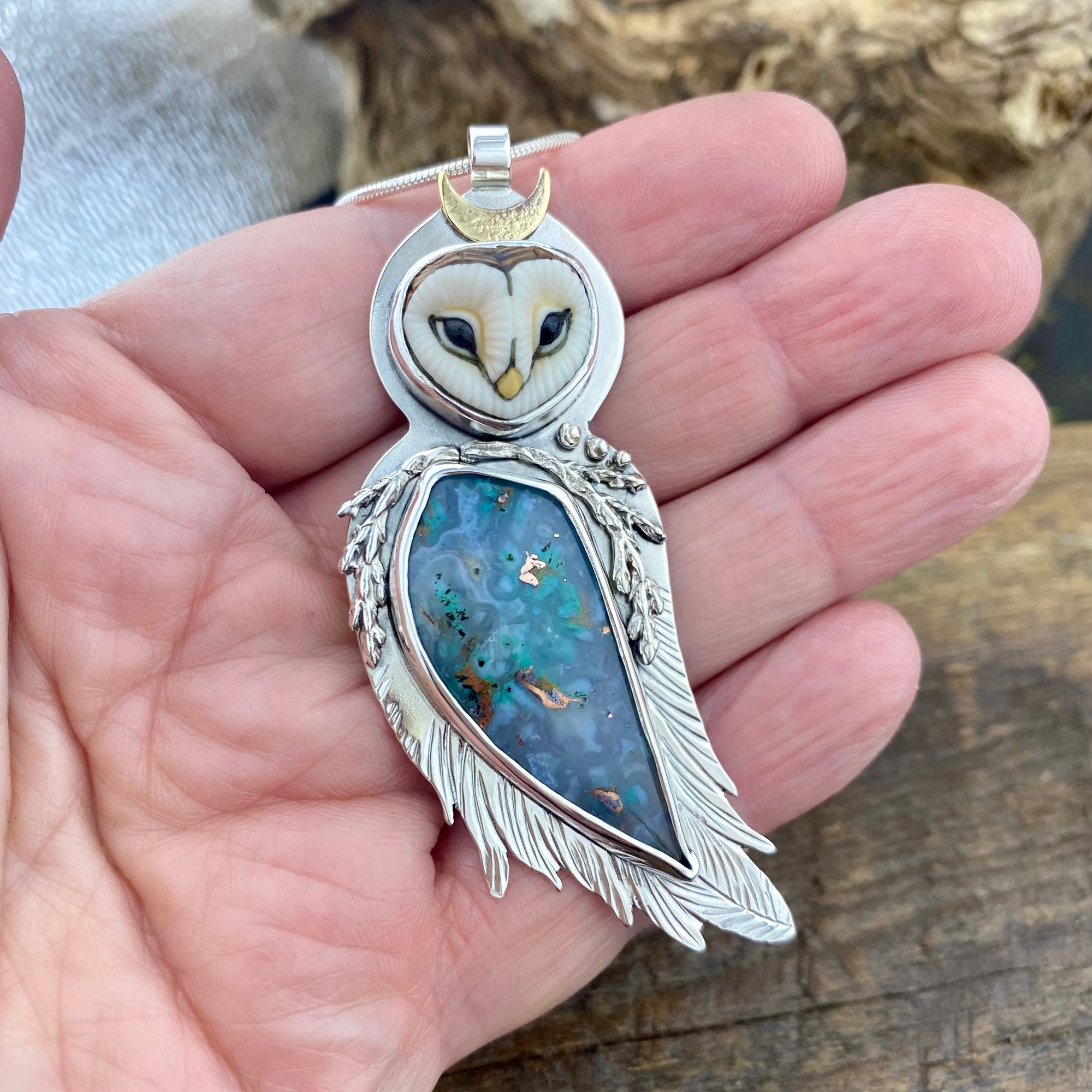 Athena’s Owl Goddess pendant with Gem Silica and Copper
