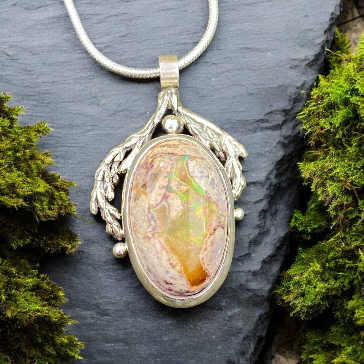 Cedar flow Pendant with Mexican Fire Opal