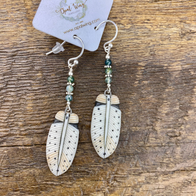 Owl Feather Porcelain and green adventurine earrings