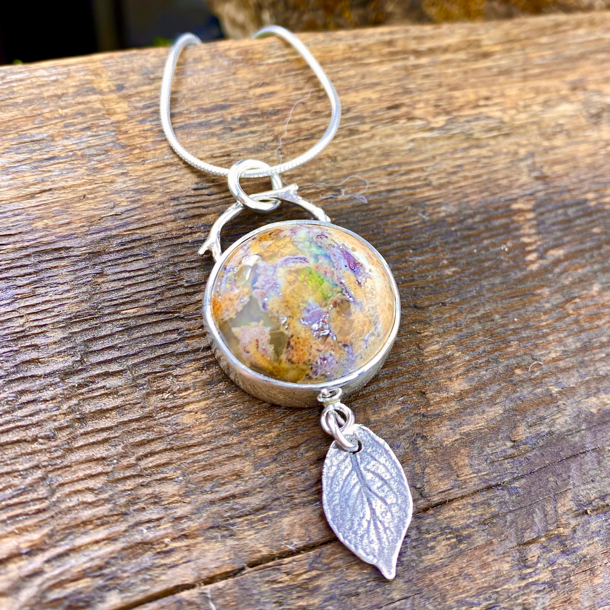 Wild Rose round Pendant with Mexican Fire Opal