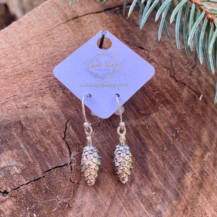 Pine Cone Earrings Long in Silver