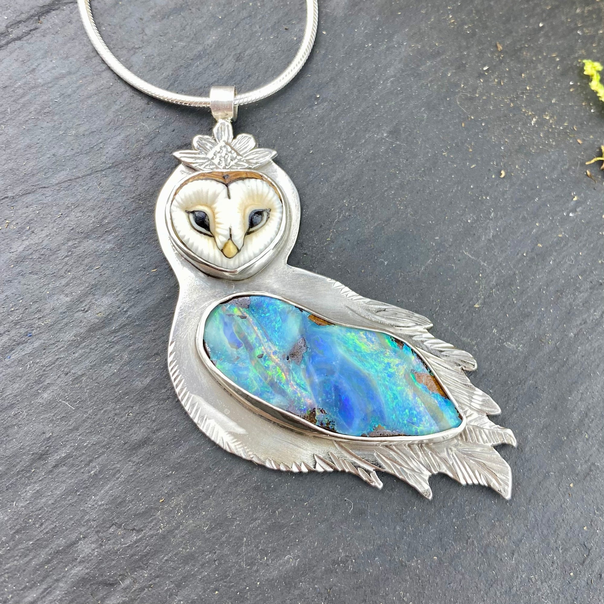 Windswept Owl Goddess pendant with Boulder Opal