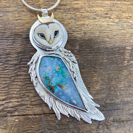 Athena’s Owl Goddess pendant with Gem Silica and Copper
