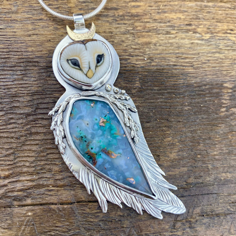 Athena’s Owl Goddess pendant with Gem Silica and Copper
