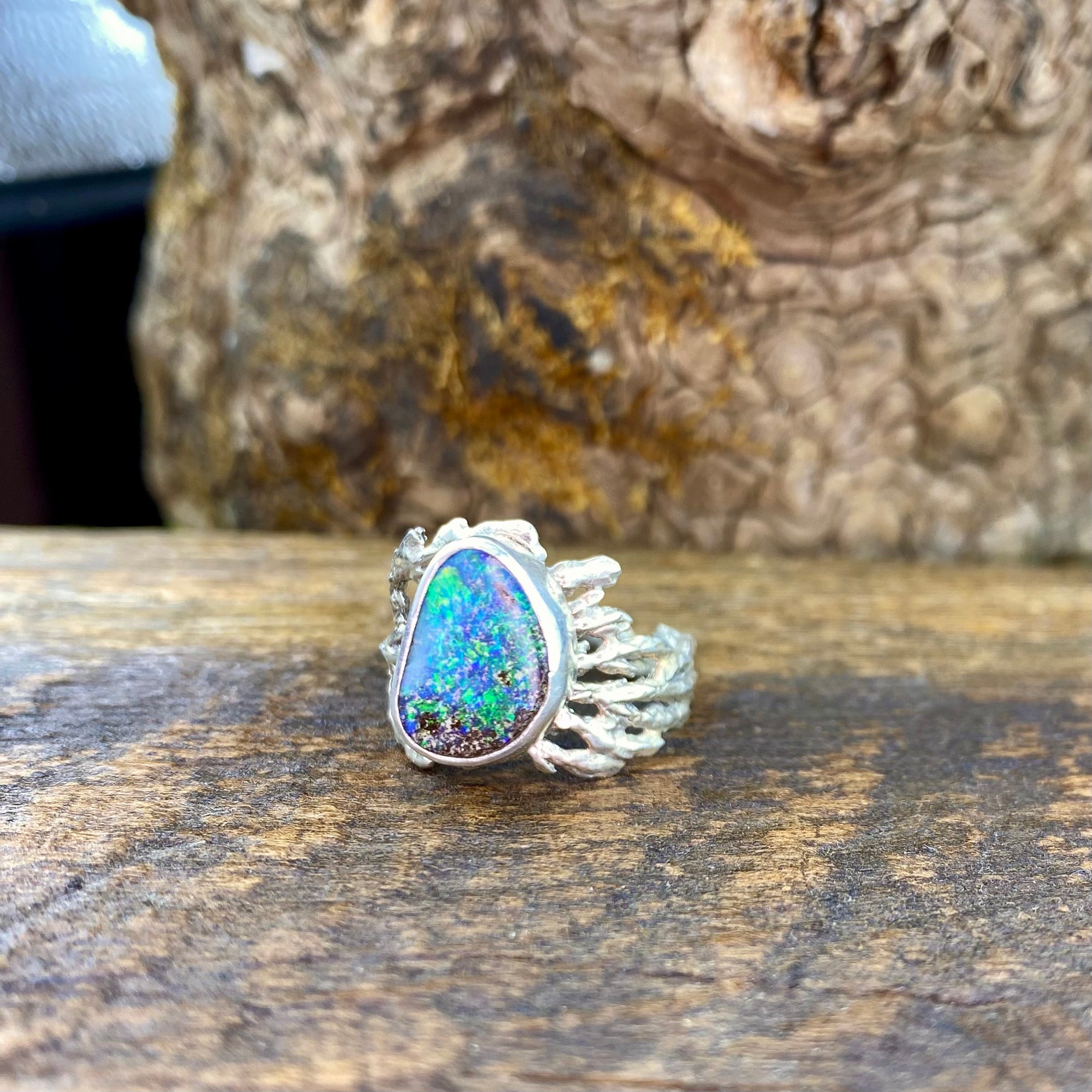 Bright Sparkly blue/green fire Boulder Opal Cedar Ring