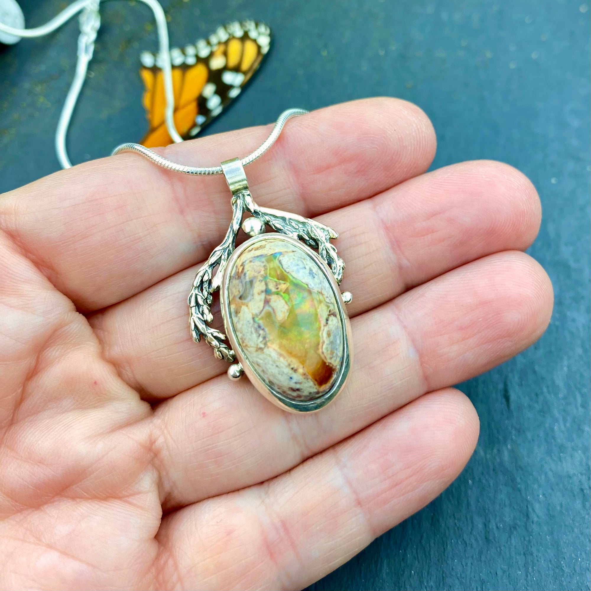 Cedar flow Pendant with Mexican Fire Opal