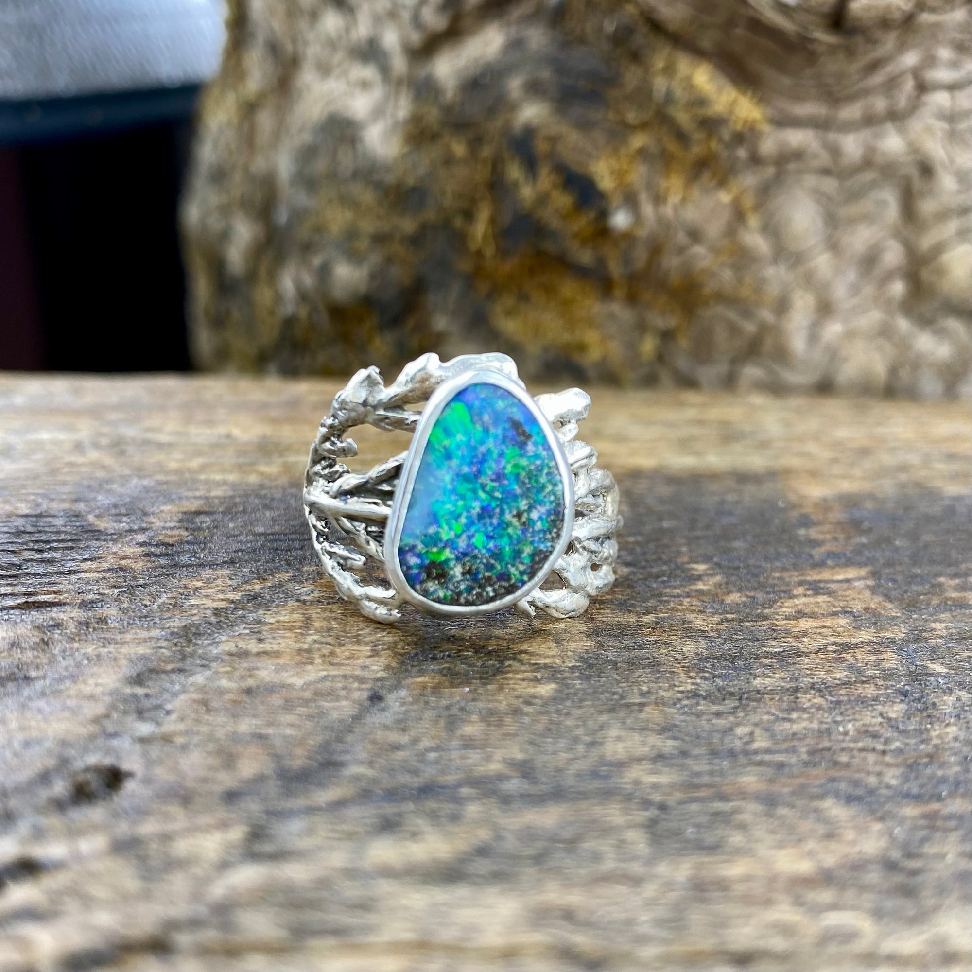 Bright Sparkly blue/green fire Boulder Opal Cedar Ring