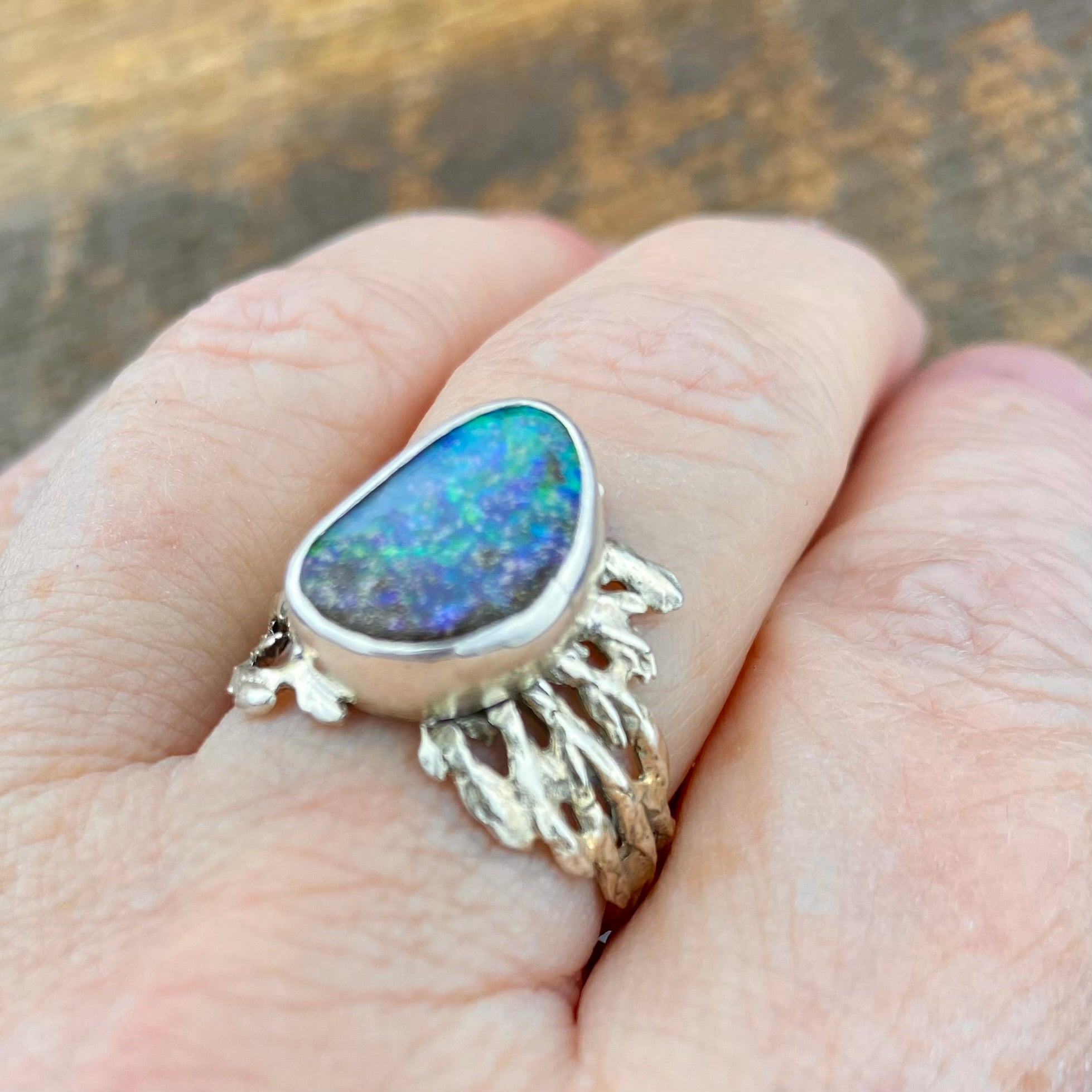 Bright Sparkly blue/green fire Boulder Opal Cedar Ring