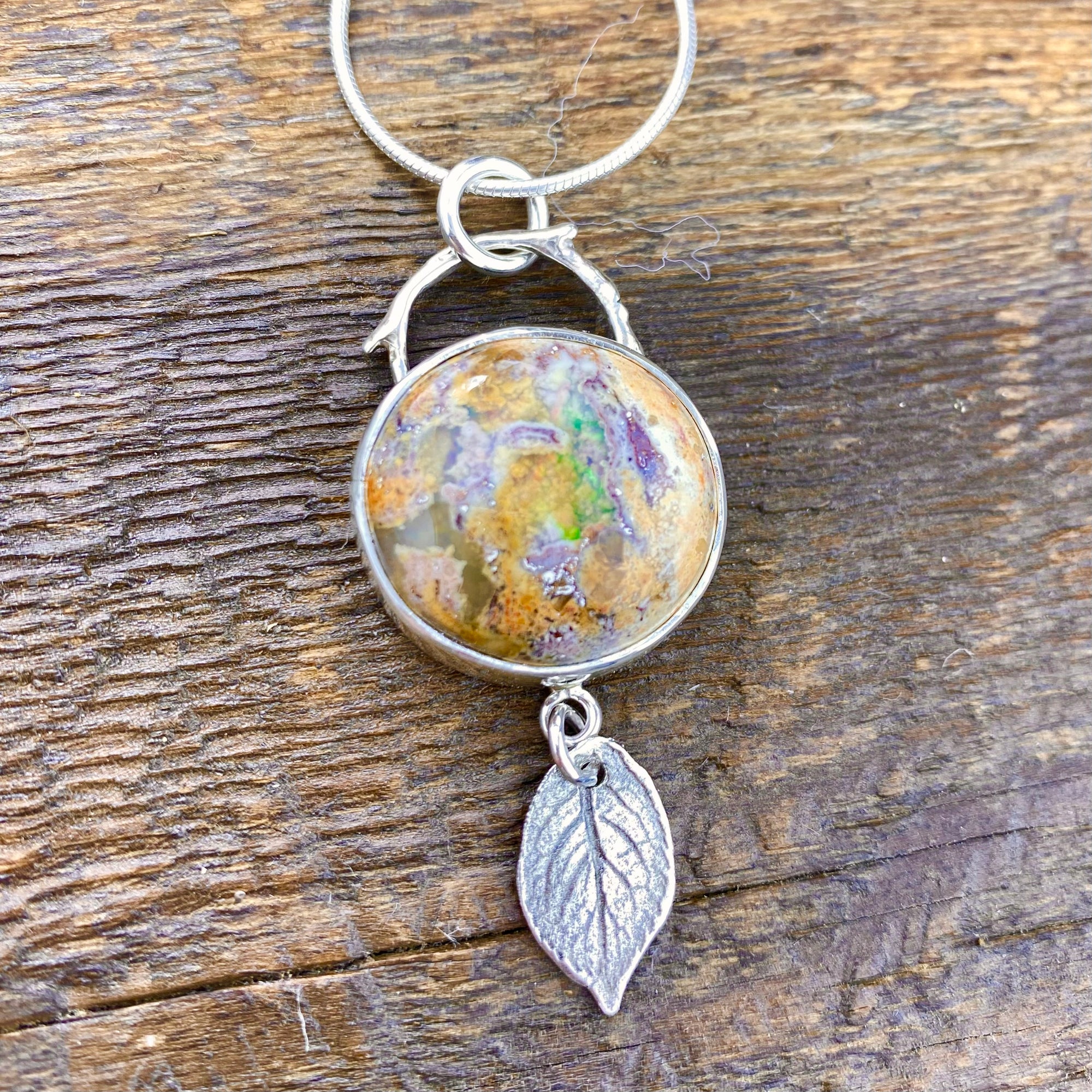 Wild Rose round Pendant with Mexican Fire Opal