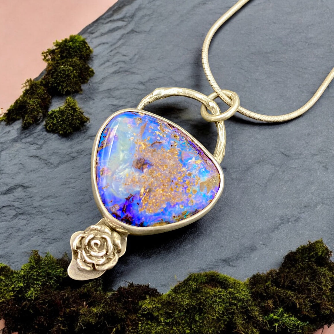 Deep Purple Boulder Opal Rose Pendant