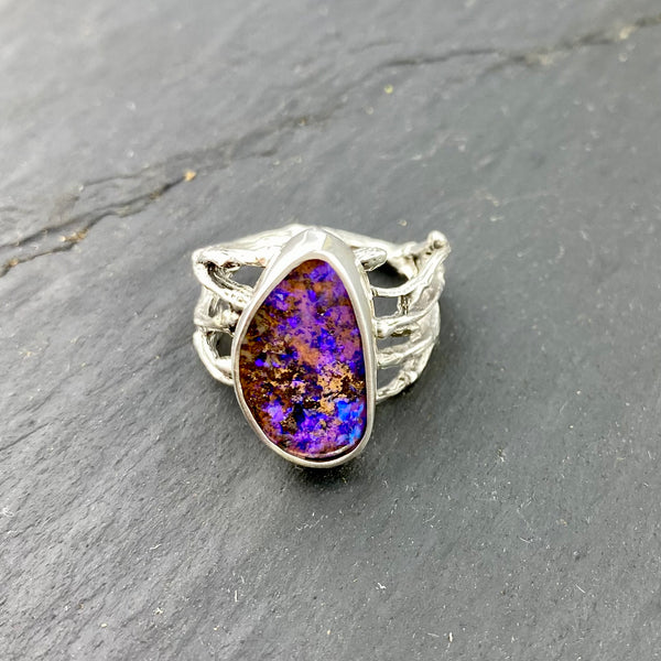 Purple Glow Boulder Pipe Opal Ring - Opal Wing Jewellery