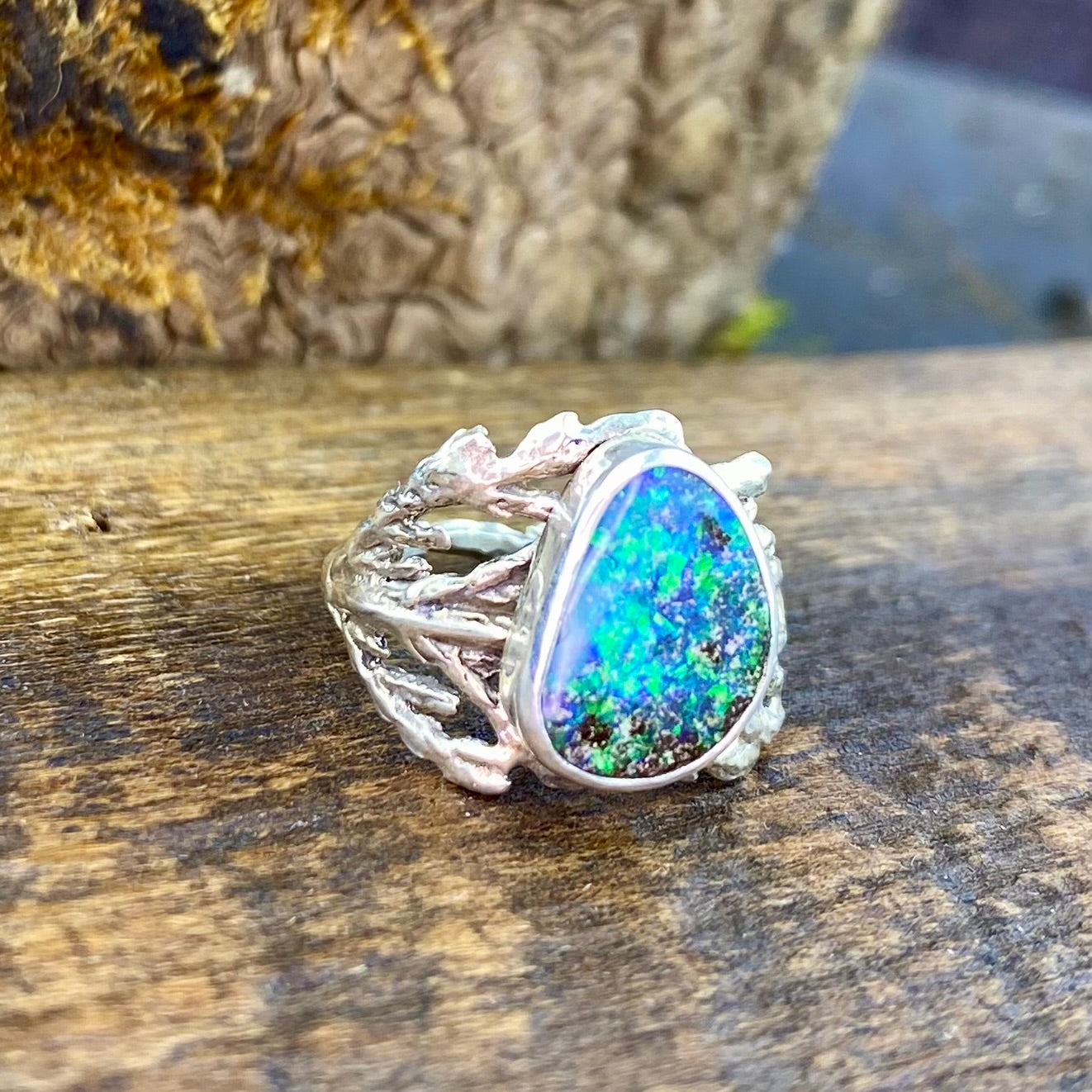 Bright Sparkly blue/green fire Boulder Opal Cedar Ring
