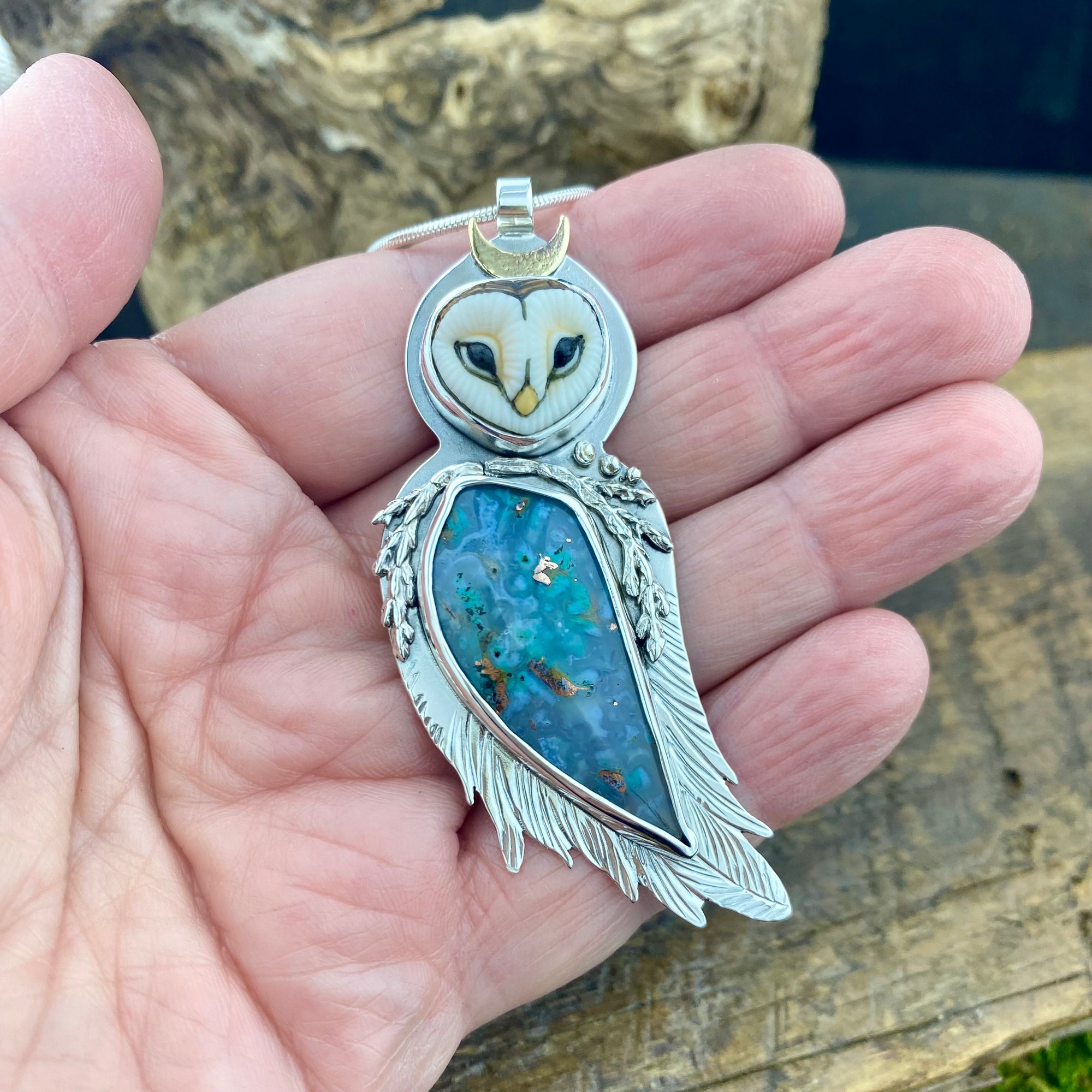 Athena’s Owl Goddess pendant with Gem Silica and Copper