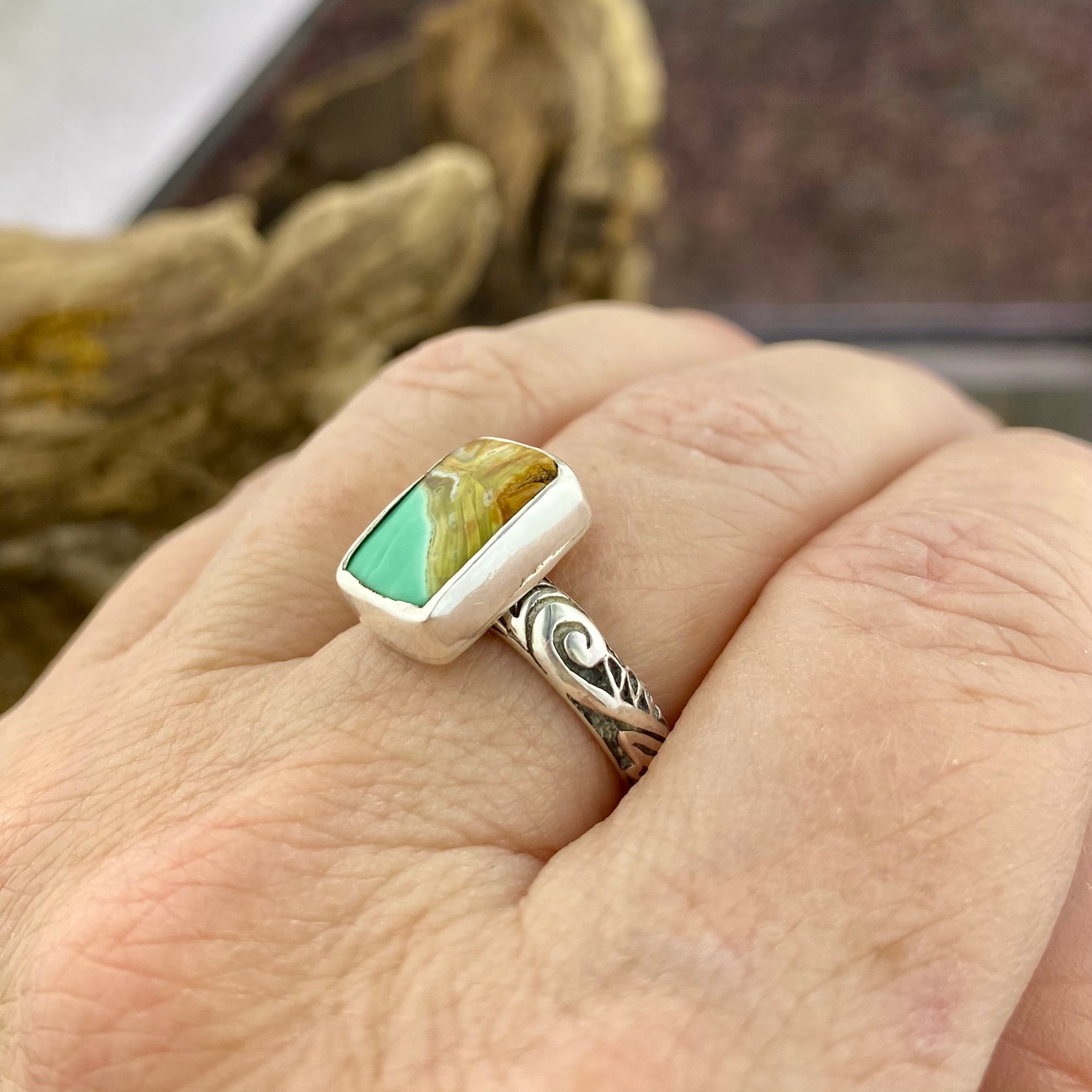 Rare Clay Canyon Variscite engraved  Ring