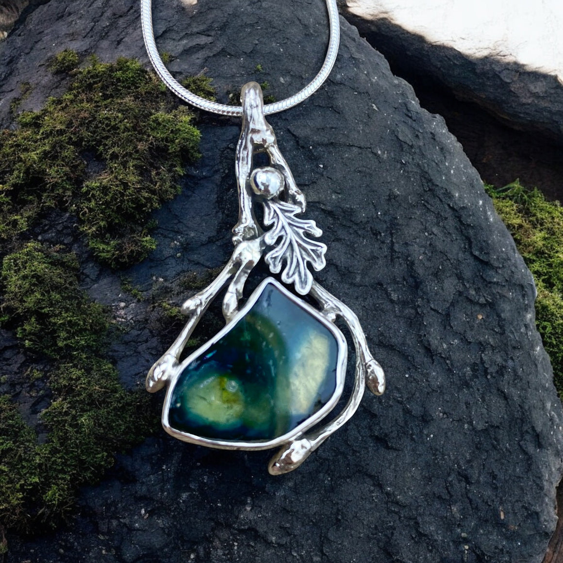 Blue Indicolite Tourmaline Oak Pendant