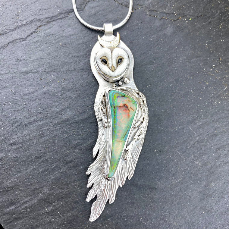 Barn Owl Goddess Athena with Fire Opal