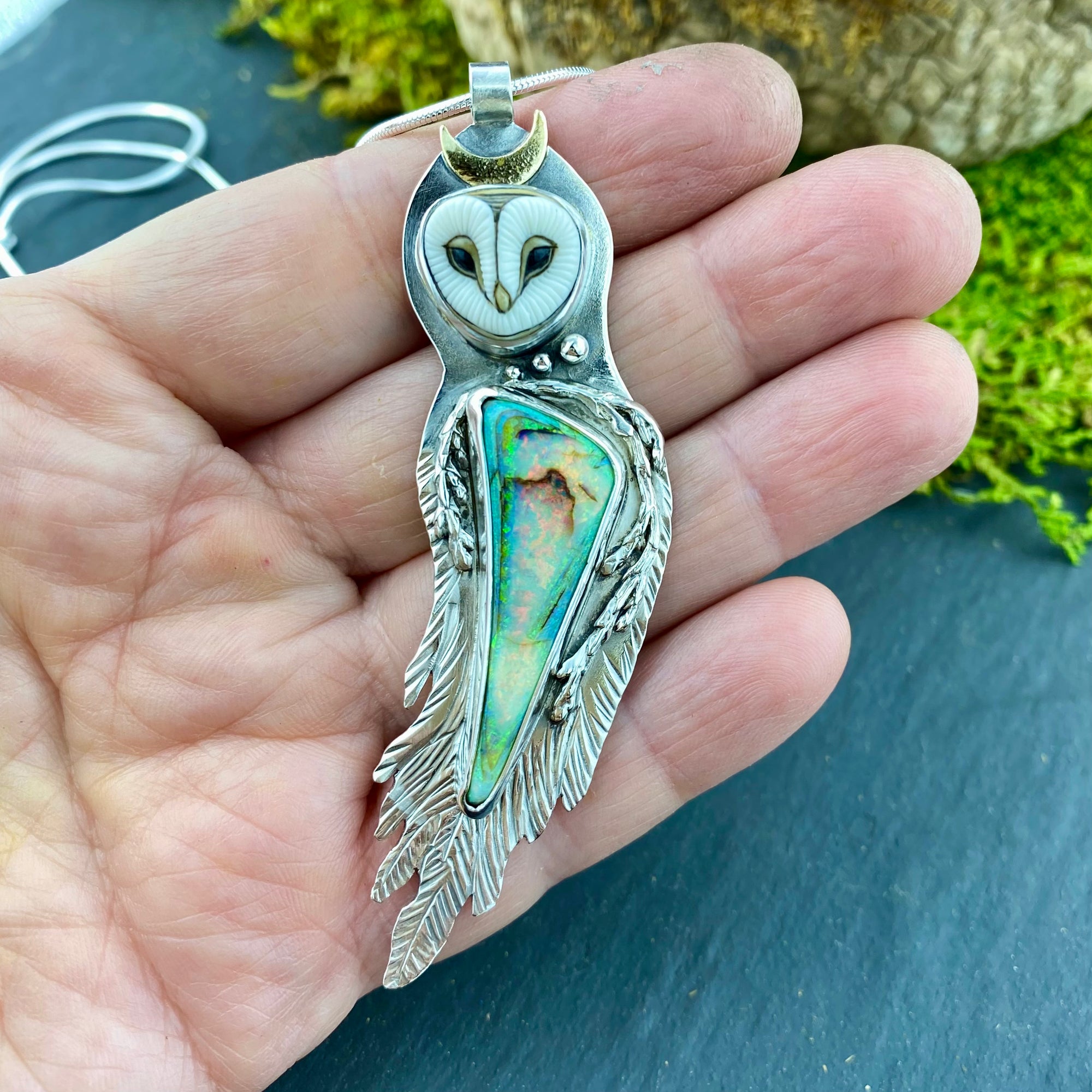 Barn Owl Goddess Athena with Fire Opal