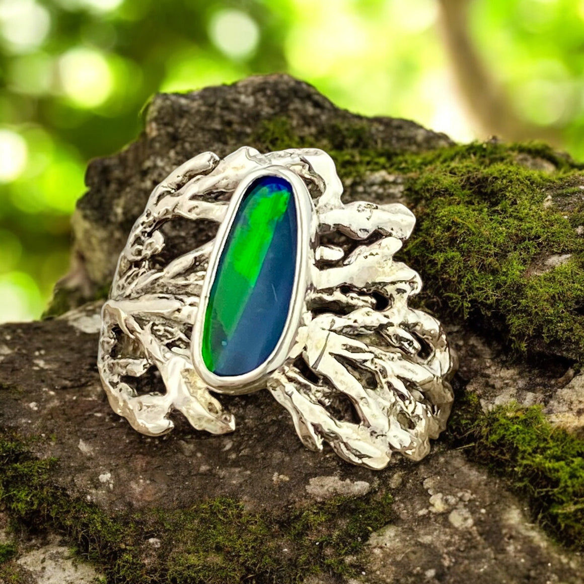 Bright green fire Opal Cedar Ring