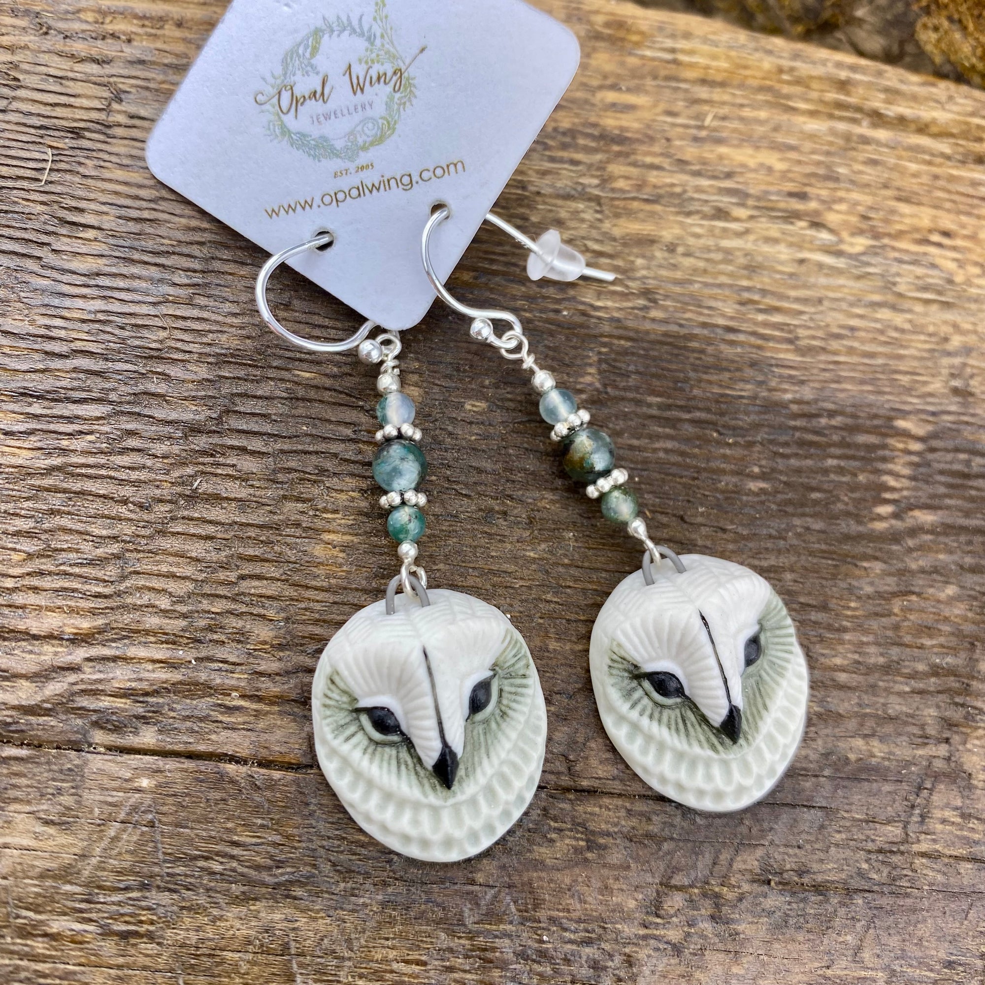 Owl Porcelain earrings with kyanite