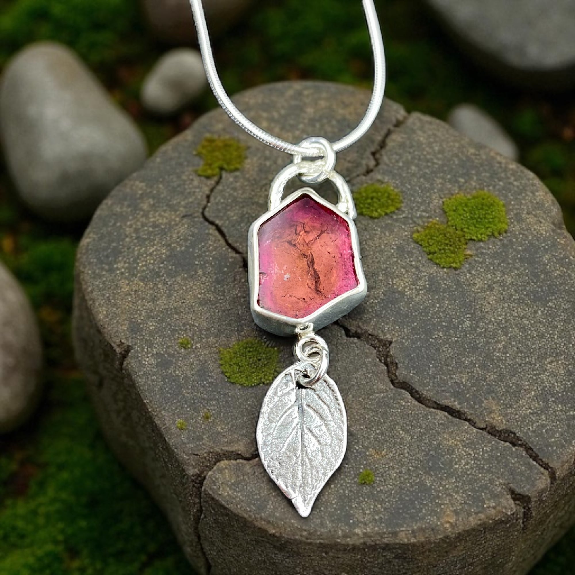 Pink Tourmaline Slice Wild rose pendant