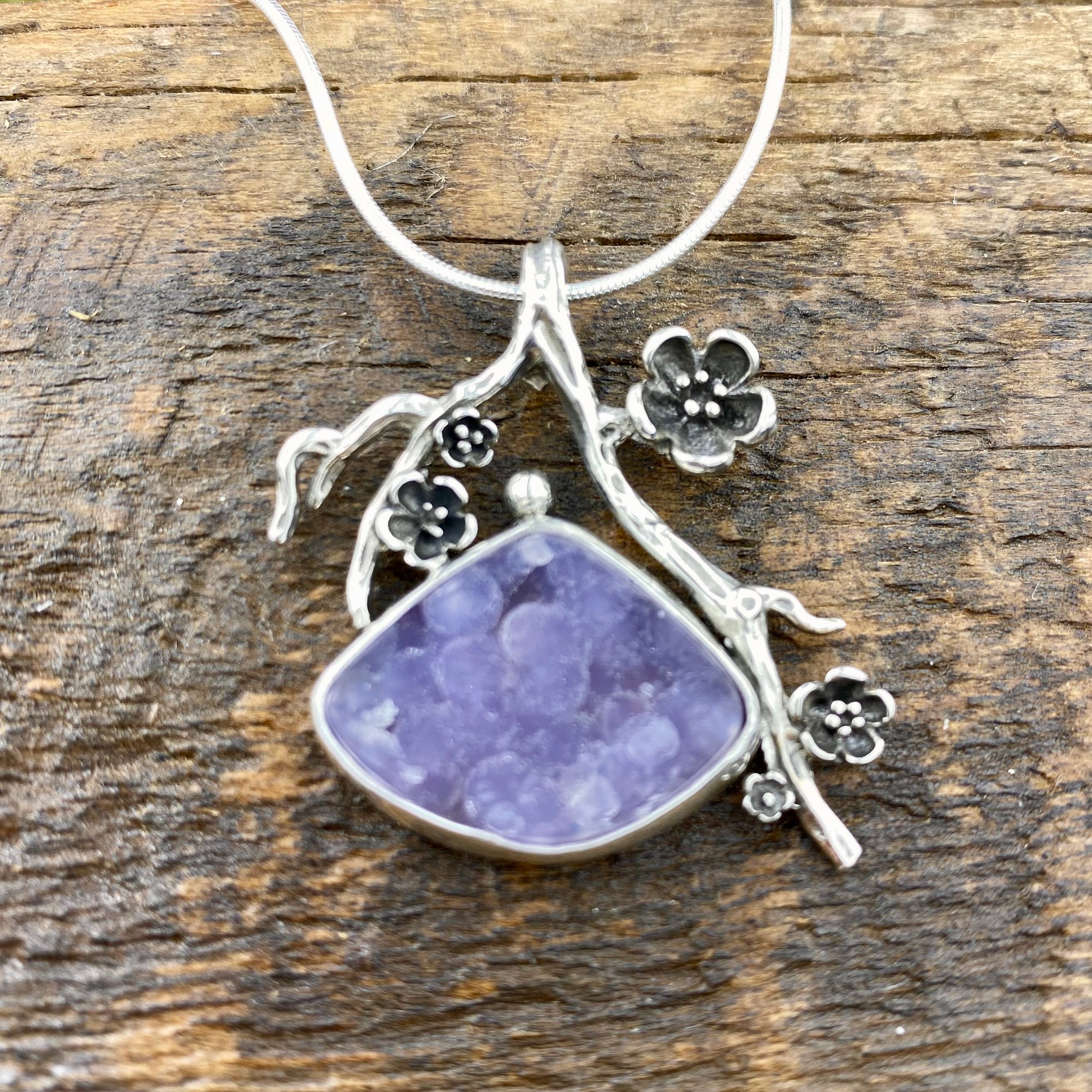 Grape Agate drusy cherry blossom pendant
