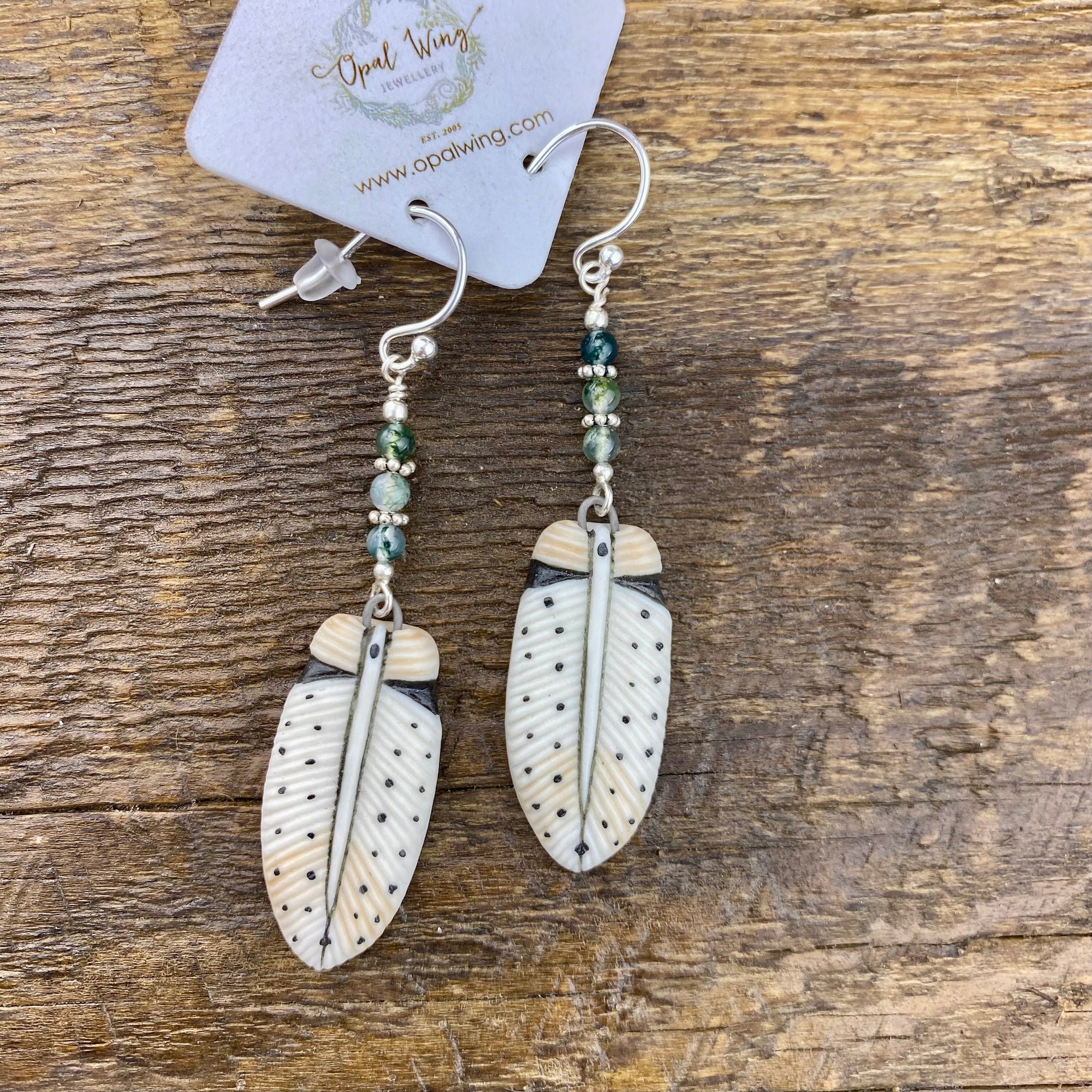Owl Feather Porcelain and green adventurine earrings