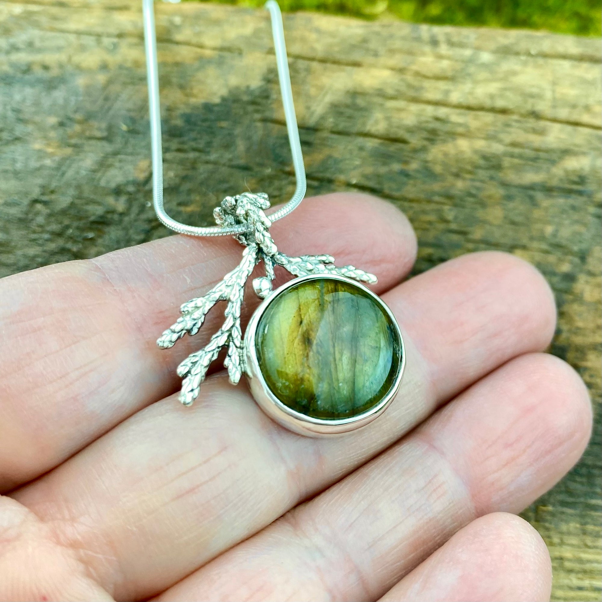 Golden Purple Labradorite cedar pendant