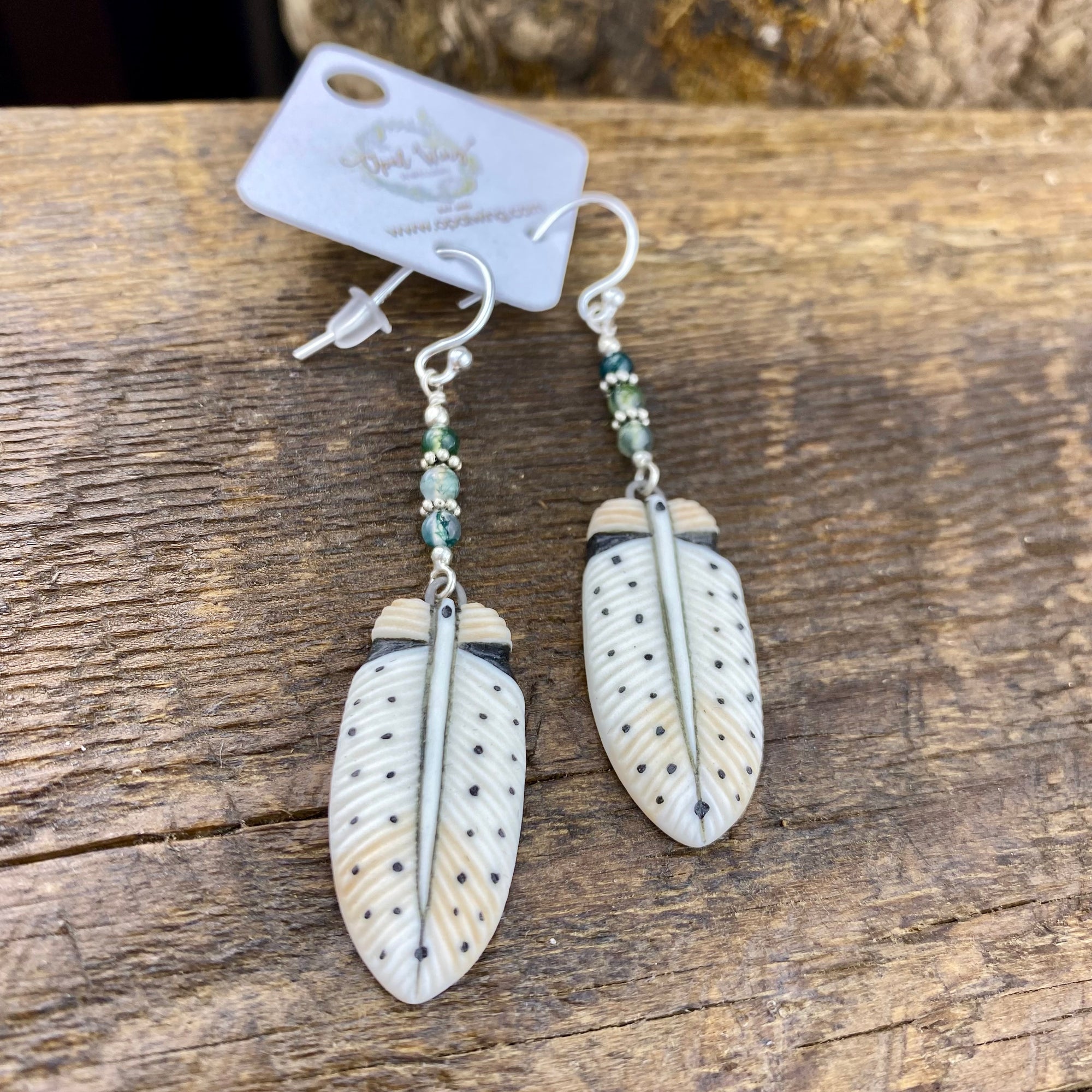Owl Feather Porcelain and green adventurine earrings