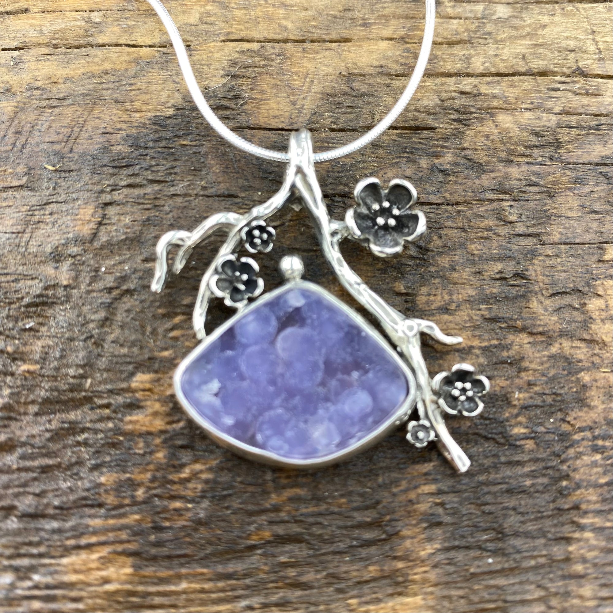 Grape Agate drusy cherry blossom pendant