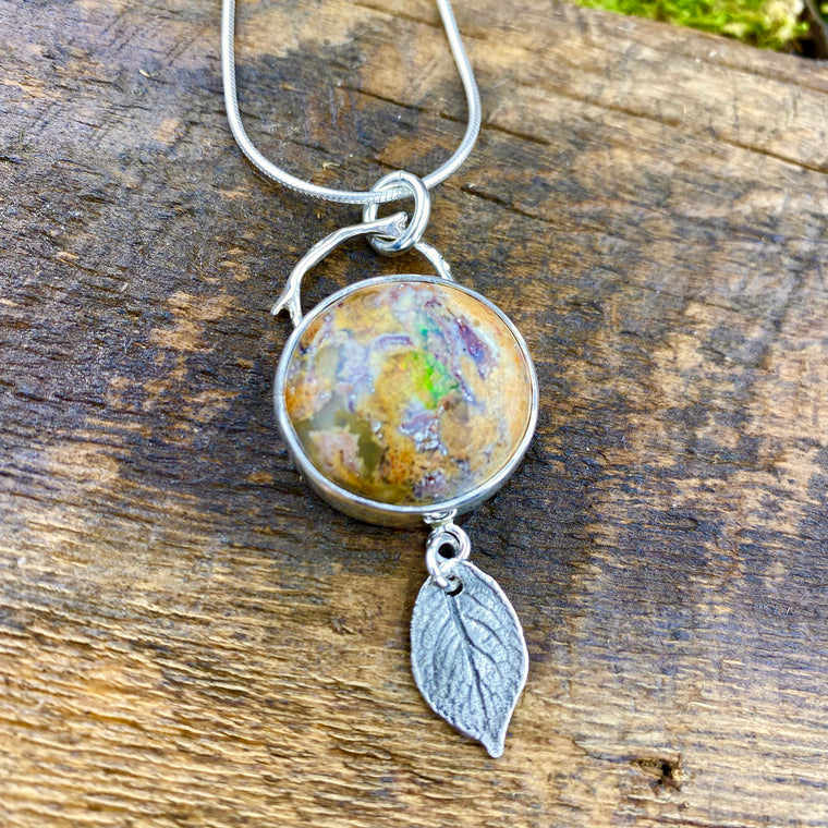 Wild Rose round Pendant with Mexican Fire Opal