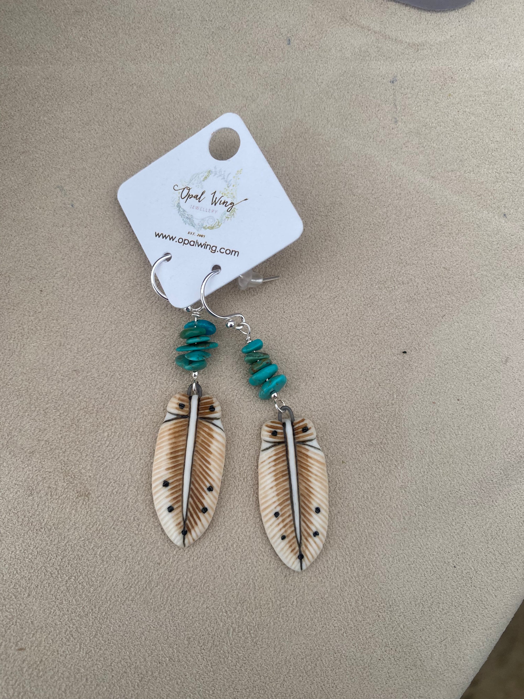 Owl Feather Porcelain and Turquoise earrings Opal Wing Jewellery