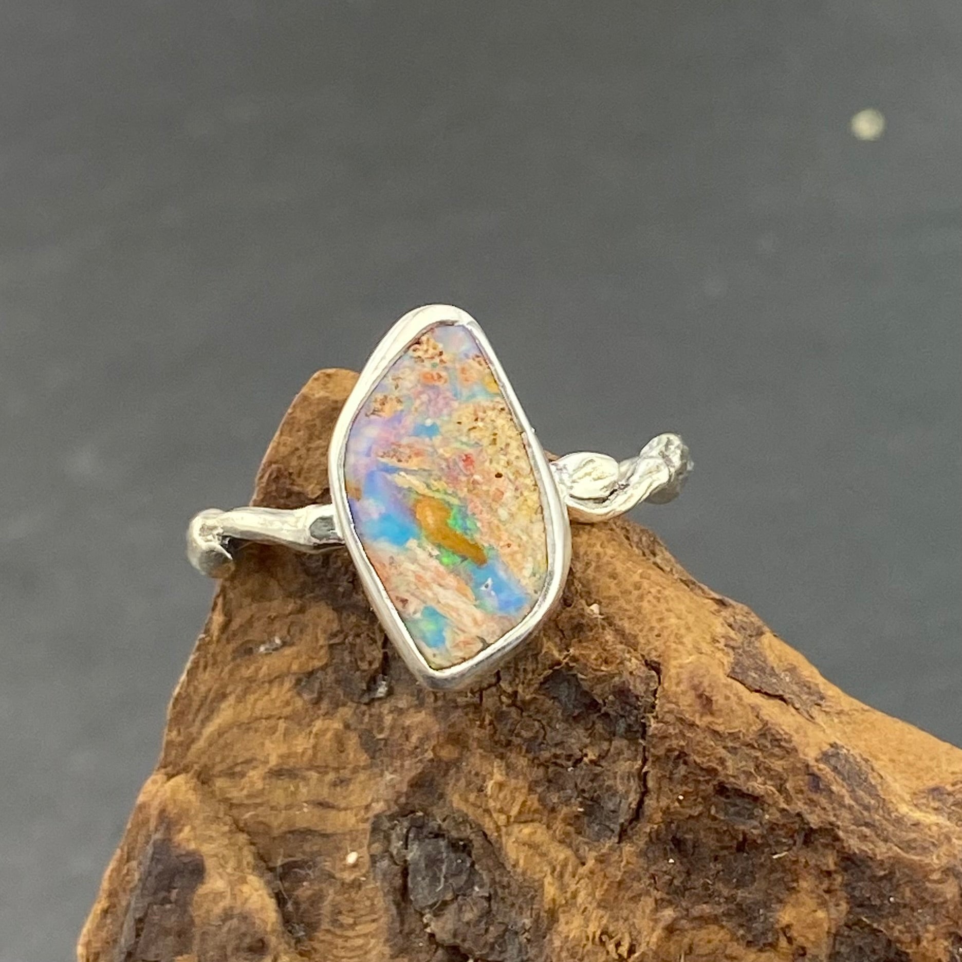 Leafy Rainbow Pipe Opal Ring - Opal Wing Jewellery