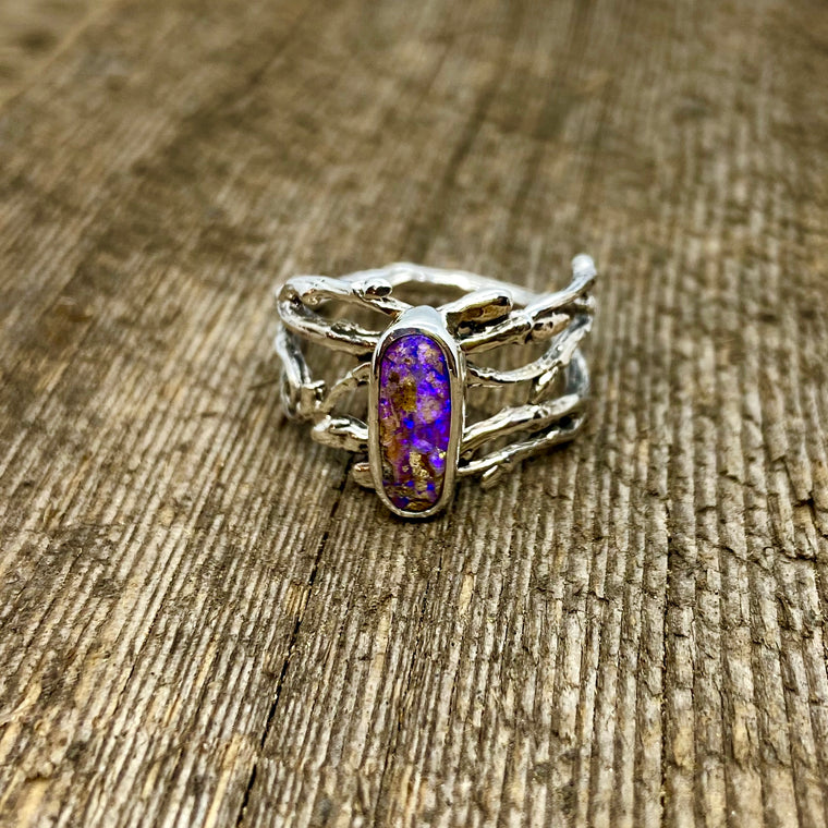 Purple Pipe Boulder Opal Woodland Ring