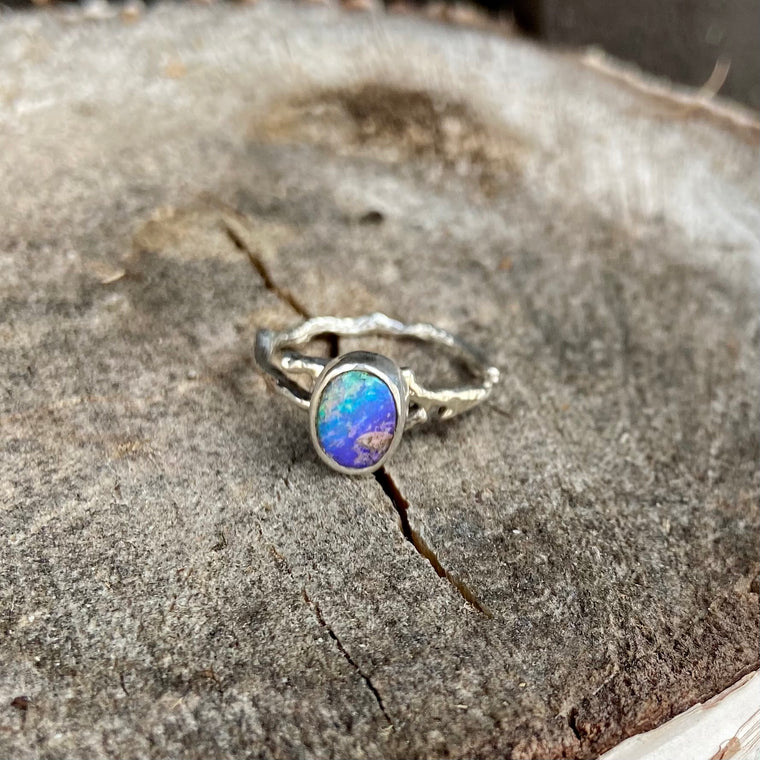 Sweet Little Blue/Purple Pipe Boulder Opal Ring